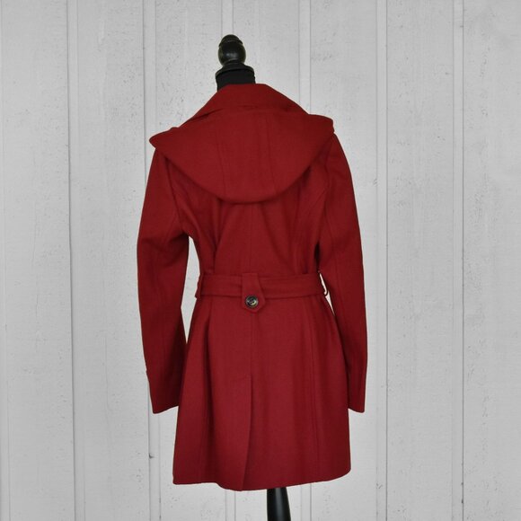London Fog Women's Double Lapel Thigh Length Button Front Wool Coat w/Belt Red - Picture 5 of 13